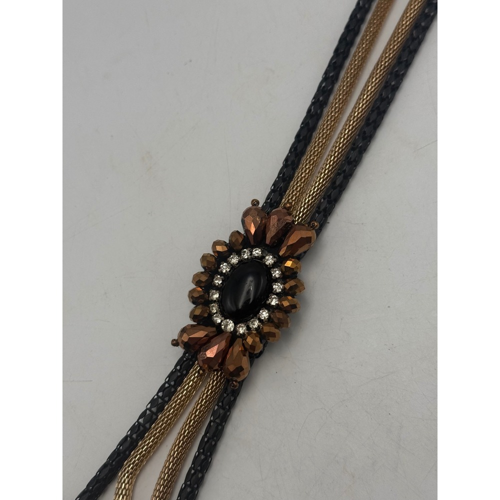 Vintage Multi Strand‎ Bolo Necklace Black Gold Mesh Chain Rhinestone Cabochon